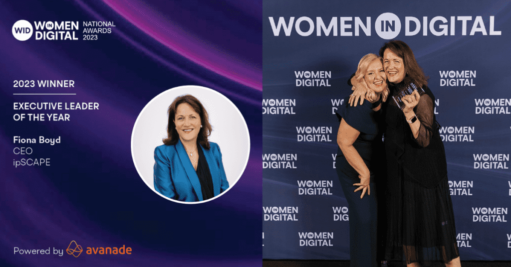 Image of Fiona Boyd, CEO at ipSCAPE winning Executive leader of the Year for the Women in Digital Awards 2023